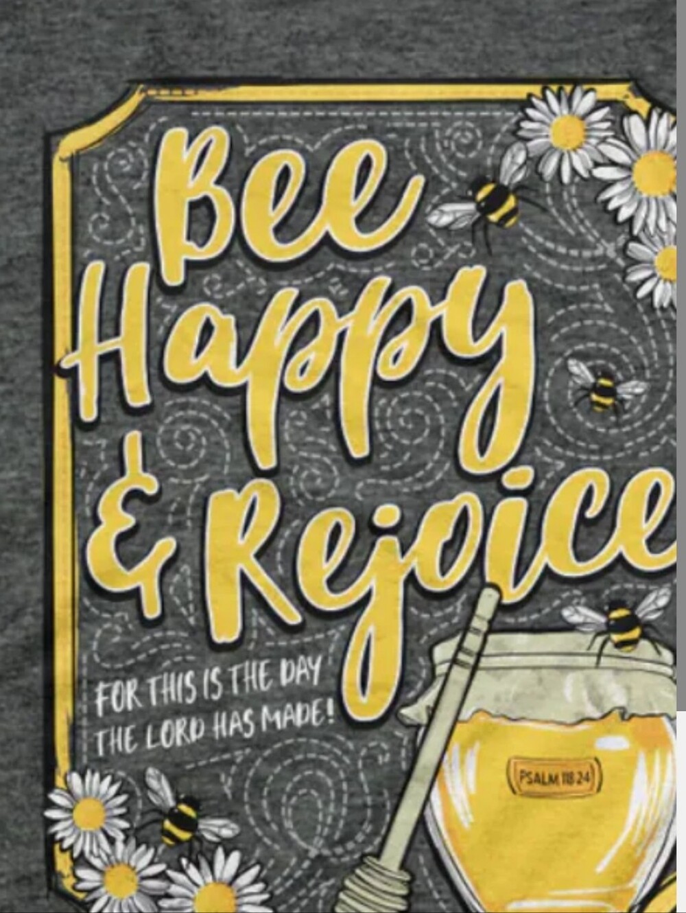 Womans 'Bee Happy & Rejoice' Graphic Tee - Dark Gray & Yellow - Picture 1 of 6